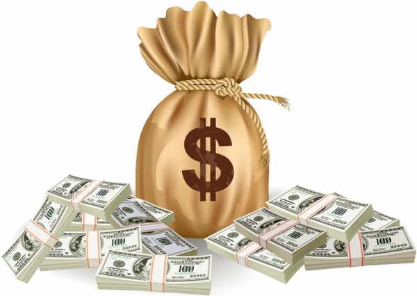 Money bag surrounded by stacks of cash