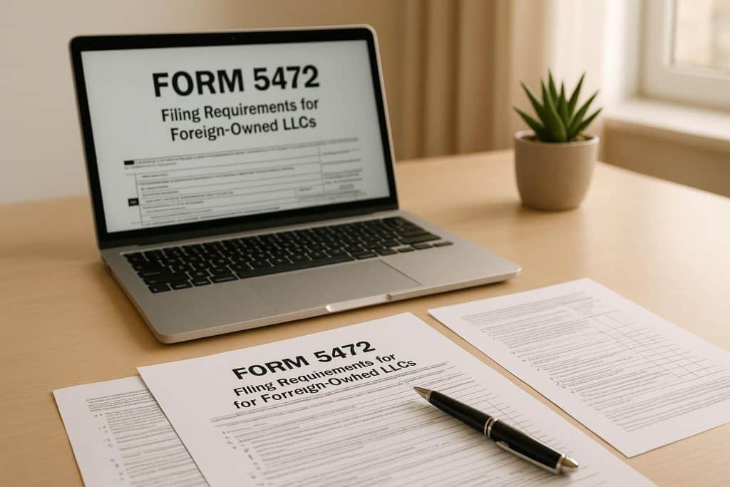 Laptop and papers showing Form 5472, Filing Requirements for Foreign-Owned LLCs