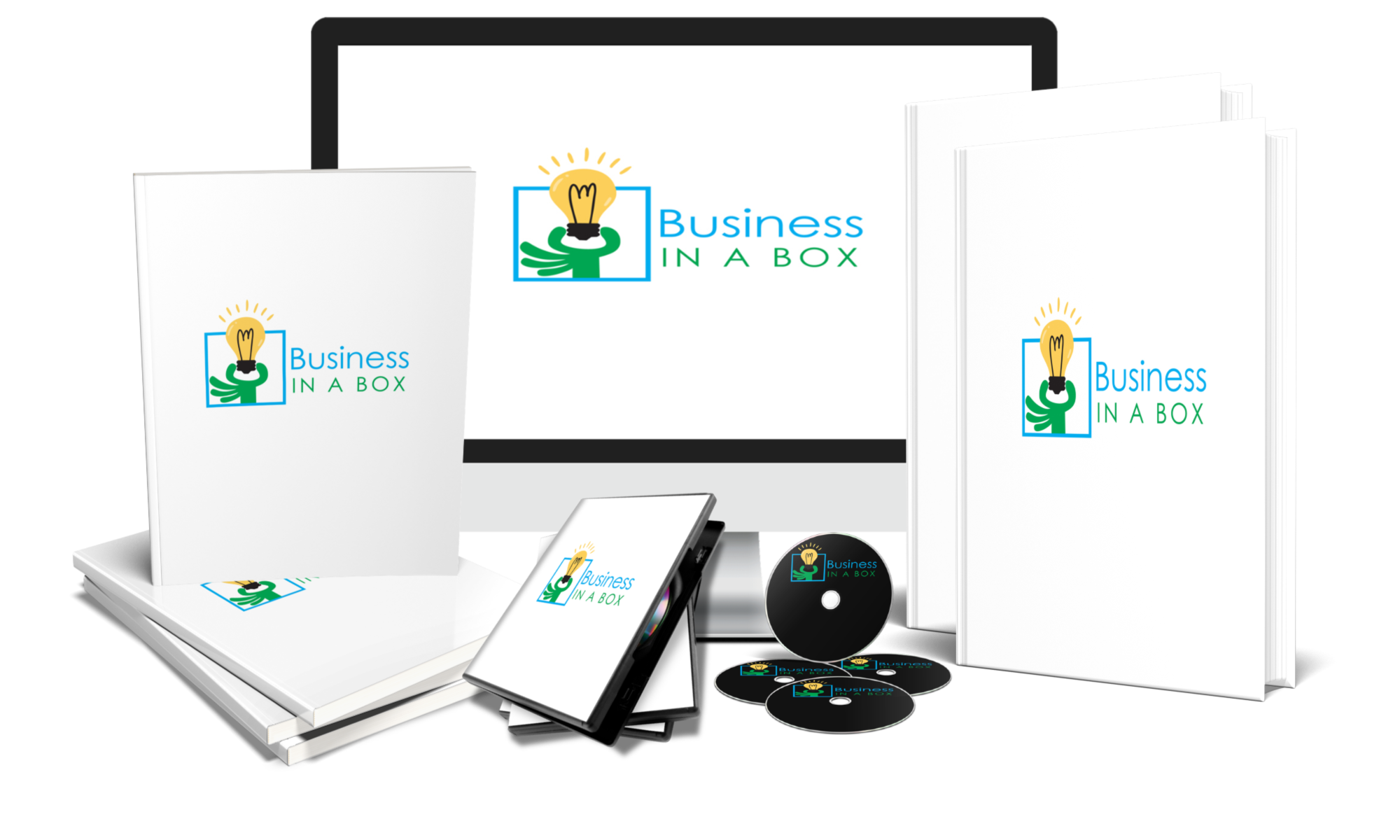 Business in a Box books, discs and a monitor